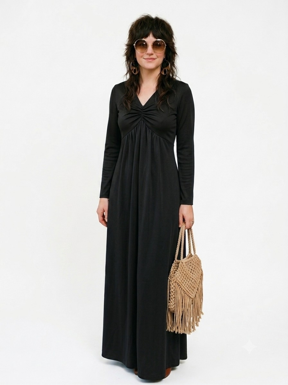 Vintage 70s Black Maxi Dress V-Neck Gathered Bust Long Sleeve S/M Handmade